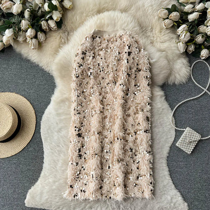 Skirts Women Autumn High Waist Midi Sequined Elegant Korean Fashion Back Slit A-line Loose Casual Simple All-match Faldas Largas.