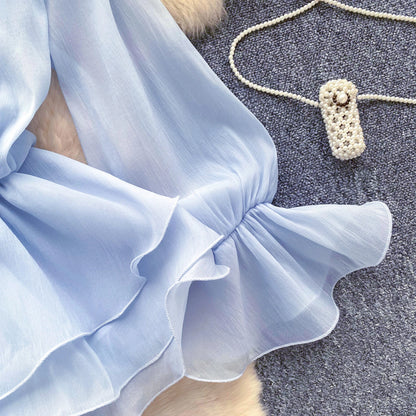 SINGREINY 3D Floral Strand Kurzes Kleid Weibliche Lange Ärmel Spitze Up Rüschen Chiffon Kuchen Sommerkleid Sheer Sexy Vintage Bohemian Kleid.