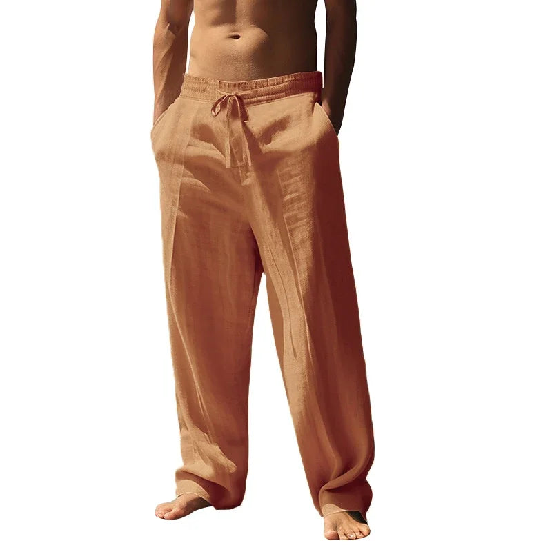 Men's Linen Casual Pants Elastic Waist Beach Pants Lightweight Drawstring Summer Yoga Pants Solid Color Beach Pants.