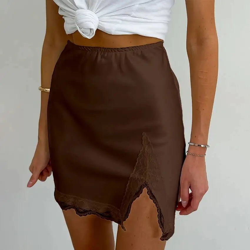 New Lace Patchwork Fashion Mini Skirt Split High Waist Sexy Black Skirt Summer Office Lady Skirt High Street Short Skirt Women