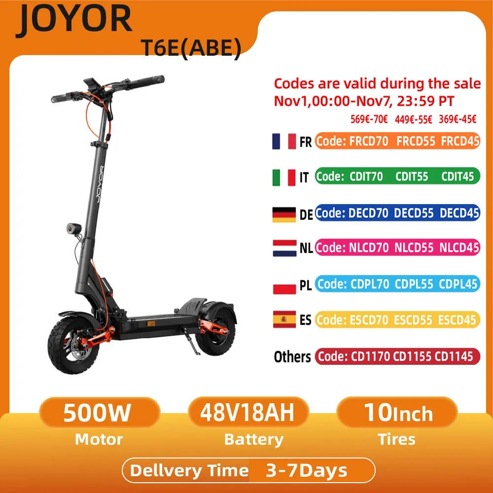 JOYOR T6E(ABE) Adult Electric Scooter 500W Motor 48V18AH Battery E-Mountain Escooter 10" Off-Road Tire Foldable E-Scooter.