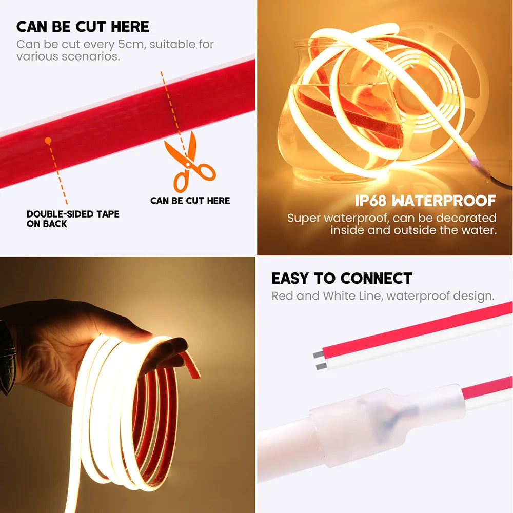 IP68 Waterproof COB LED Neon Strip Light 5m 10m 15m 20m 0.5m 12V 24V 320LED Flexible Tape Silicone Tube Lamp Liner Lighting RA90.