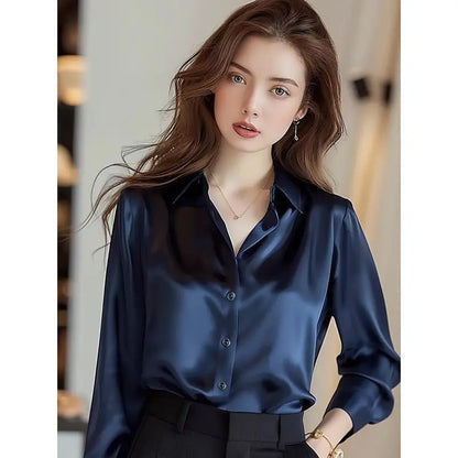 2025 Summer Women's Satin Shirts Elegant Plain Long Sleeve Blouse Office Lady Button-Up Shirt Top Female Shirts Blouse Autumn.