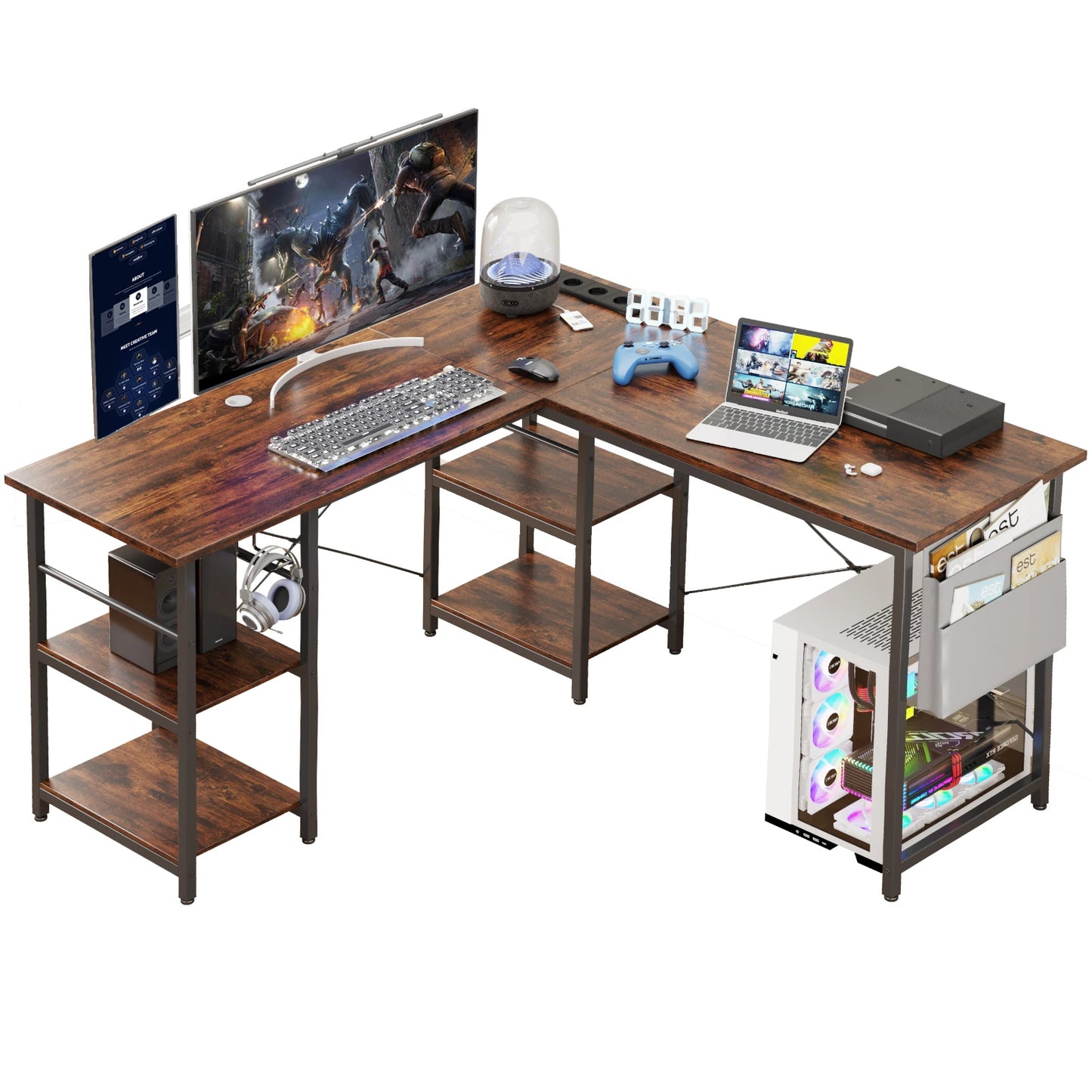 L-förmiger Schreibtisch im Industrial-Stil, 140/230cm, Verstellbarer Computertisch mit Ablagen & Integrierter Steckdose