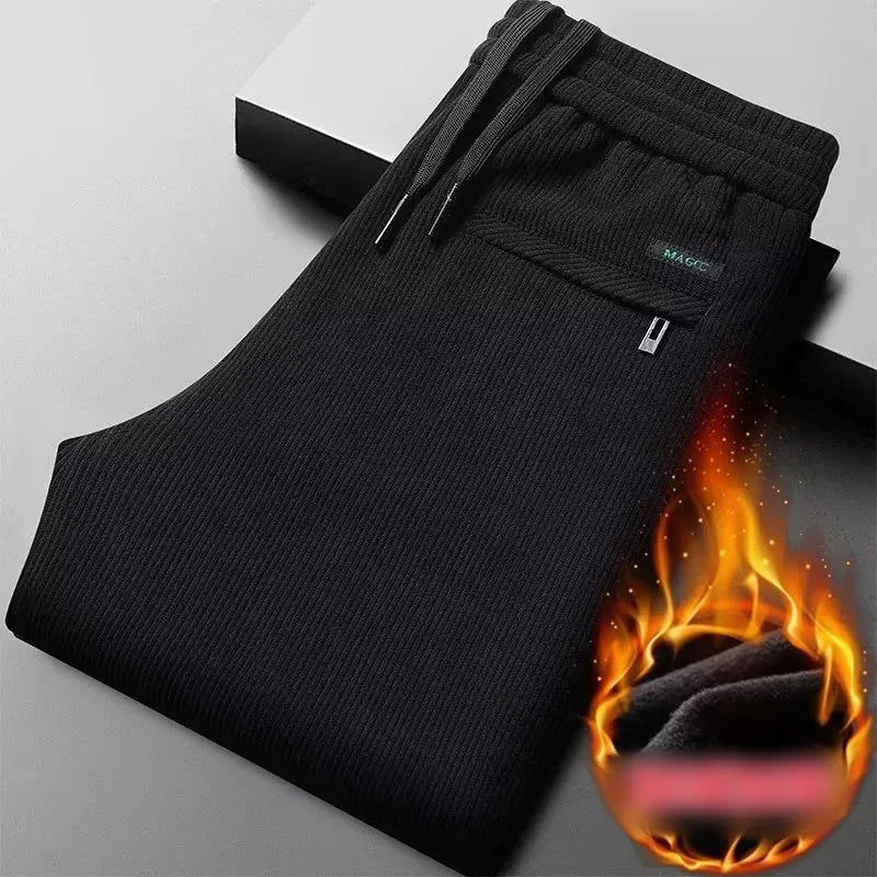 Black gray men's corduroy casual pants with drawstring, thick elastic business pants, mid waist brand winter warm pants.