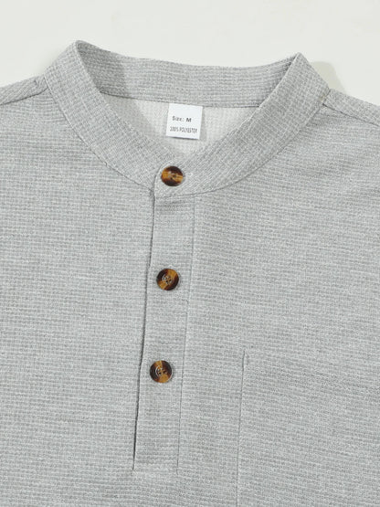 Men's Waffle Check Stand-Up Collar Semi-Casual Business Suit Two-Piece Set Button-Down Top with Comfortable Trousers.