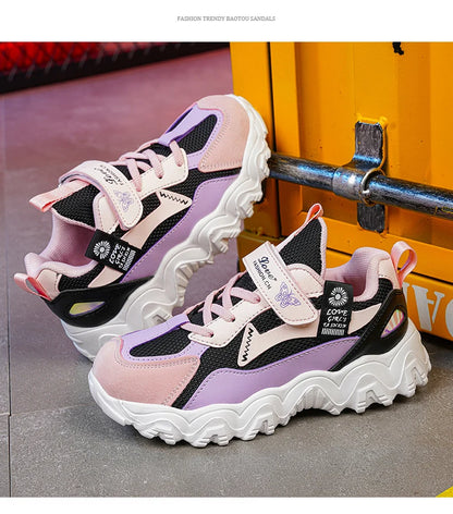Fashion Children Shoes Girls Sneaker Black Pink PU Leather Platform Casual Sneaker School Tennis Sports Shoes for Girls