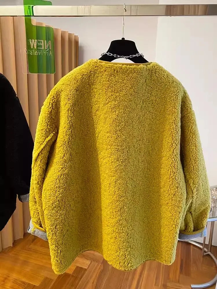 Hochwertige Lammwolljacke für Damen, lockerer warmer Samtmantel, 2025, neuer Frühling und Herbst, große Taschen, modische Oberbekleidung, M-3XL