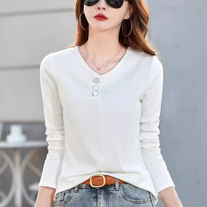 Wine red pure cotton long sleeved t-shirt for women's spring and autumn new style V-neck fashionable casual plus size loose top.