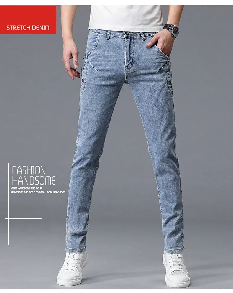 2024 New Men's Skinny Jeans Blue Gray Cotton Elasticity Straight Pencil Foot Slim Fit Fashionable Casual Denim Long Pants Male.