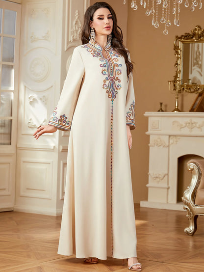 Dubai Muslim New Fashion Women's Embroidereid Long Sleeve V-neck Loose A-line Ankle Length Dresses Female Trendy Elegant Clothes.