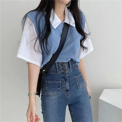 Summer Blouse Women Korean Style False Two-piece Polo Collar Blouses Y2k Tops Streetwear Loose Youth Pullovers Elegant Shirt.
