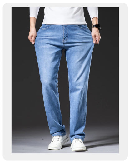 Große Größe 40, 42, 44, 46, lockere, gerade Jeans für Herren, Herbst, neue Business-Casual-Stretchhose, klassische blaue Denim-Hose für Herren.