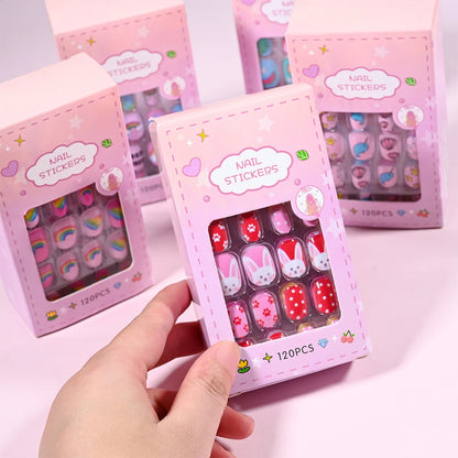 120pcs/box Pink Cartoon Children Press On Nails Candy Color Unicorn Cat Bunny Kids Full Cover False Nail Girls Party Nail Decora.