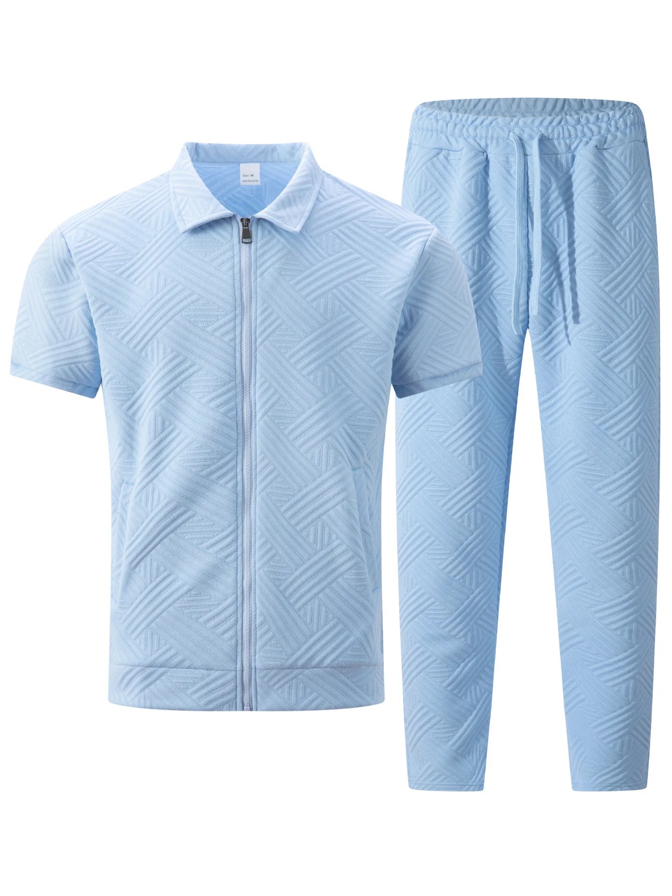 2025 Men's Casual and Fashionable short-sleeved jacket and shirt with solid-colored drawstring trousers two-piece set.