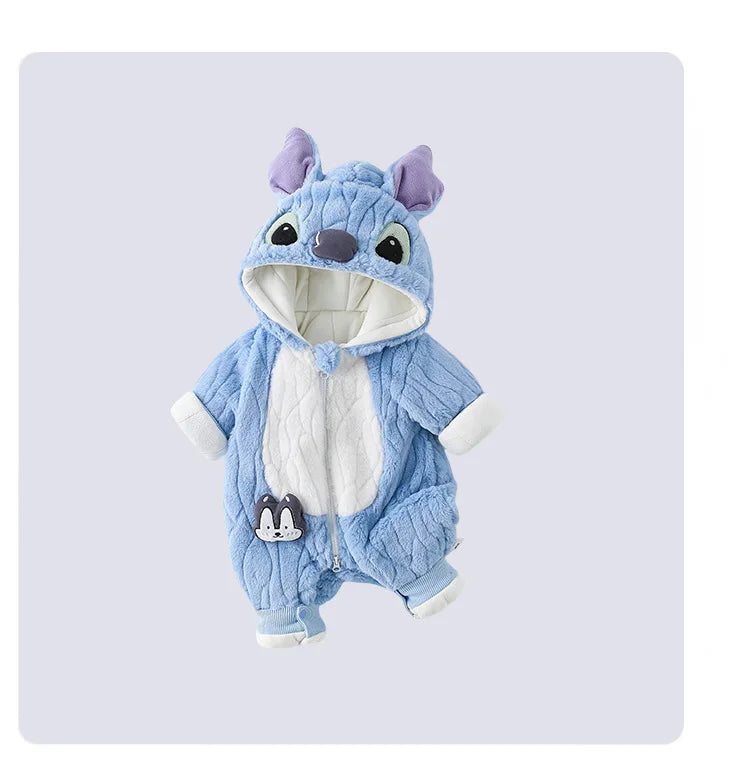 MINISO Stitch Winter Baby Verdickte Gepolsterte Baumwolle Kletterkleidung Niedlicher Säuglingsbodysuit Warmes Ausgehen Outfit Kawaii 0-1 Jahre.