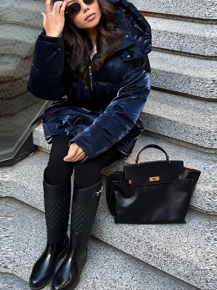 Frauen Glänzend Herbst Winter Mit Kapuze Baumwolle Gefütterte Jacke Lose Lange Hülse Spitze Up Warme Mantel 2025, Neue Dame Mode Party outwear