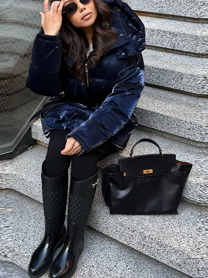 Frauen Glänzend Herbst Winter Mit Kapuze Baumwolle Gefütterte Jacke Lose Lange Hülse Spitze Up Warme Mantel 2025, Neue Dame Mode Party outwear