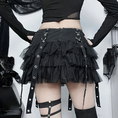 Goth Dark Ruffles Mall Gothic Mesh Splice Mini Skirts Grunge Aesthetic Harajuku Buckle A-line Skirt Punk High Waist Alt Bottoms.