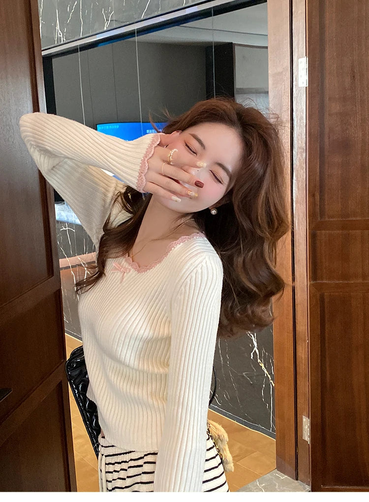 HOUZHOU Vintage Elegante Kokette Gestrickte Pullover Frauen Koreanischen Stil Cuteore Sexy Bogen Patchwork Quadrat Kragen Dünne Strickjacke 2025.