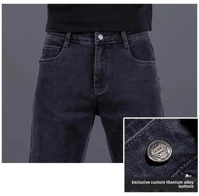 High-End Men's Fleece-Lined Thick Stretchy Straight Leg Jeans 2025 New Style Loose Fit Smoke Grey Trousers for Men.