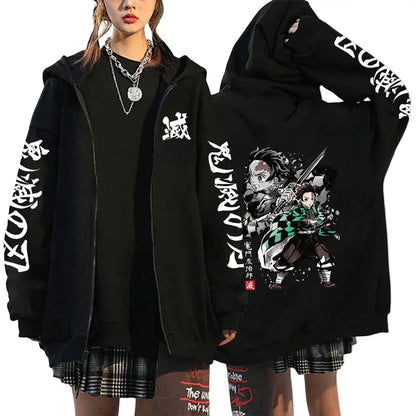 Japan Anime Print Black Hoodie Woman Hooded Long Sleeve Zipper Jacket Tanjirou Zenitsu Inosuke Pattern Sweatshirt Autumn Coat.