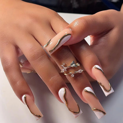 24Pcs 3D Long Ballet False Nails White Coffin Wave with French Design Wearable Fake Nails Gold Line Full Cover Press on Nails.