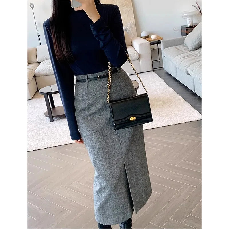 Gray Pencil Skirts Belted Elegant Women Slim Office Ladies Casual A-Line High Waist Split Midi Skirt Autumn Winter.