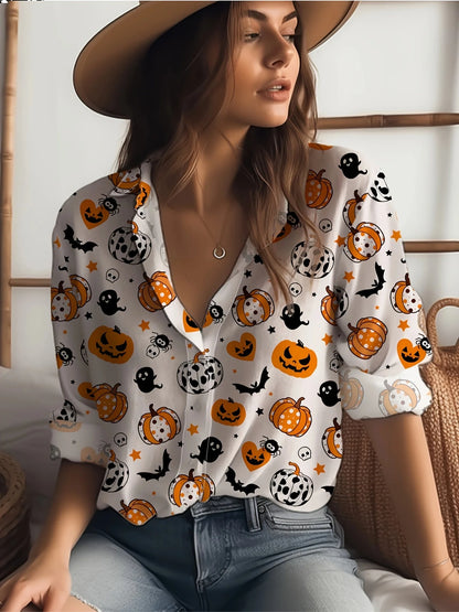 Women's Halloween skull shirt gothic style top button front shirt suitable for party wear casual wear.