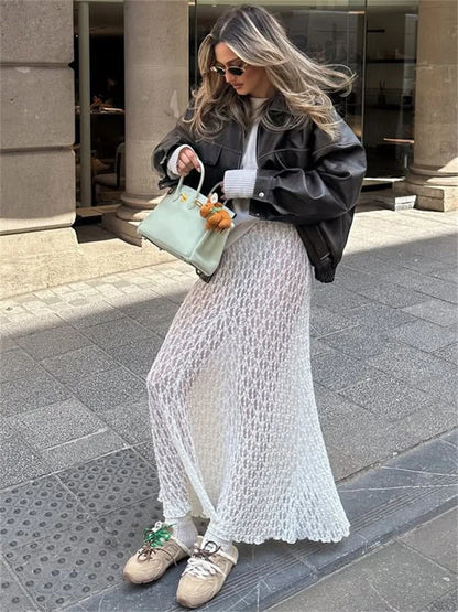 Tossy Fashion Summer Lace Long Skirt Women See-Through Slim High Waist Hollow Out Patchwork Elegant Commute Female Maxi Skirt