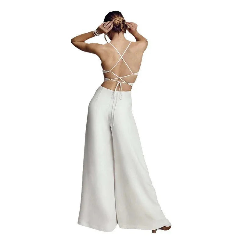 Women Sexy Jumpsuits Backless V-neck Spaghetti Strap Lace-up New Summer Sleeveless Elegant Street Wide-leg Pants Long Rompers.