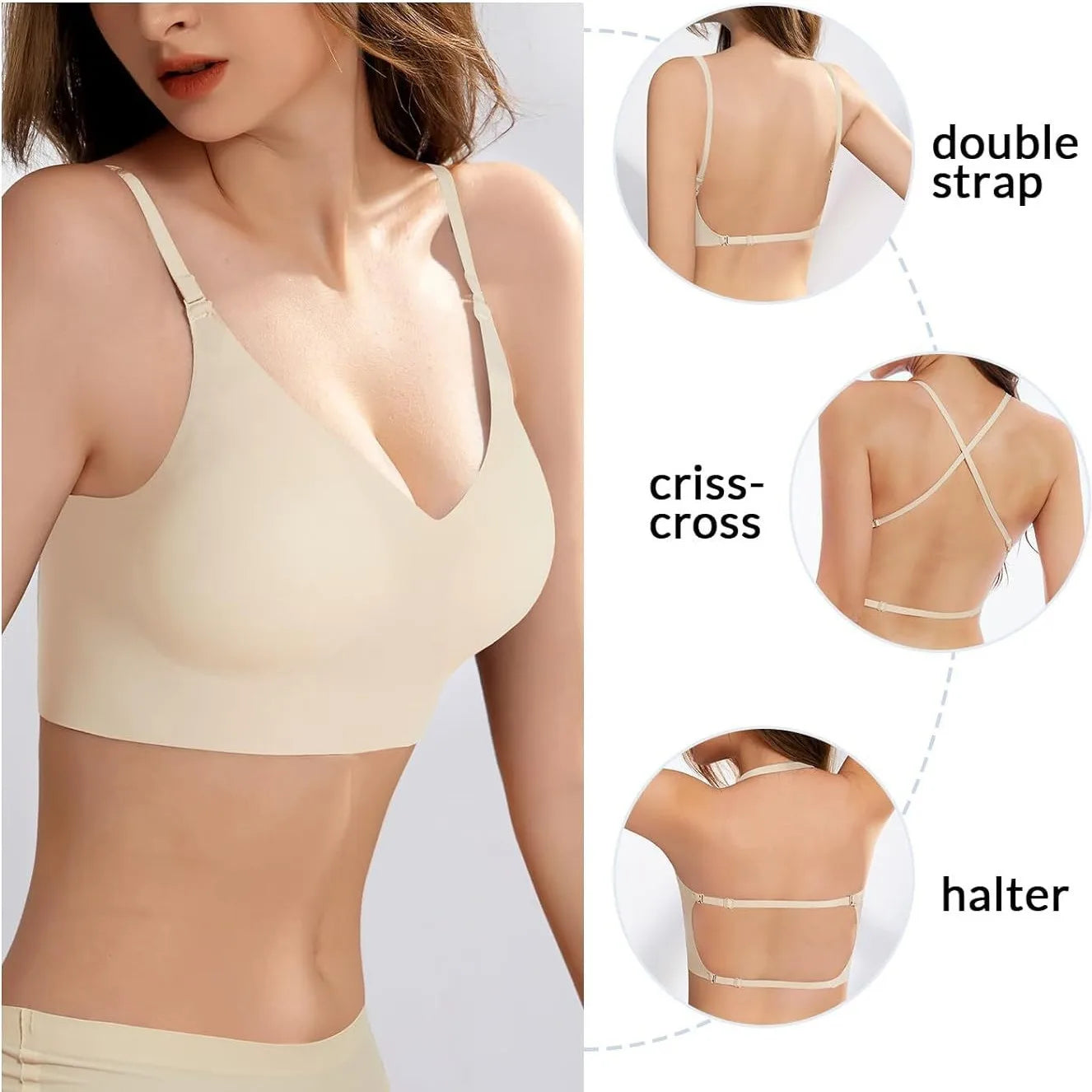 Seamless Low Back Bra Support Multiway Wireless Backless Halter Padded Bralette Lifting Straps Convertible Bras.