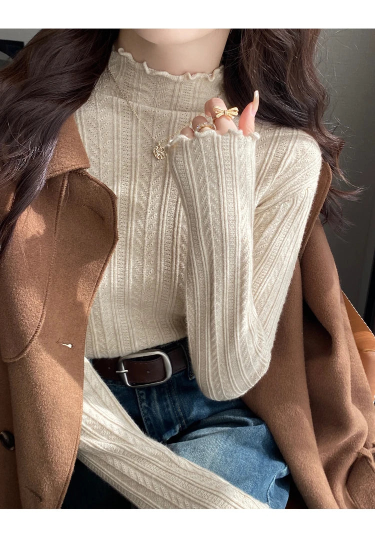 AOSSVIAO 2023 Geraffte Rollkragen Frauen Pullover Herbst Winter Warme Pullover Schlank Tops Gestrickte Pullover Jumper Weiche Pull Weibliche