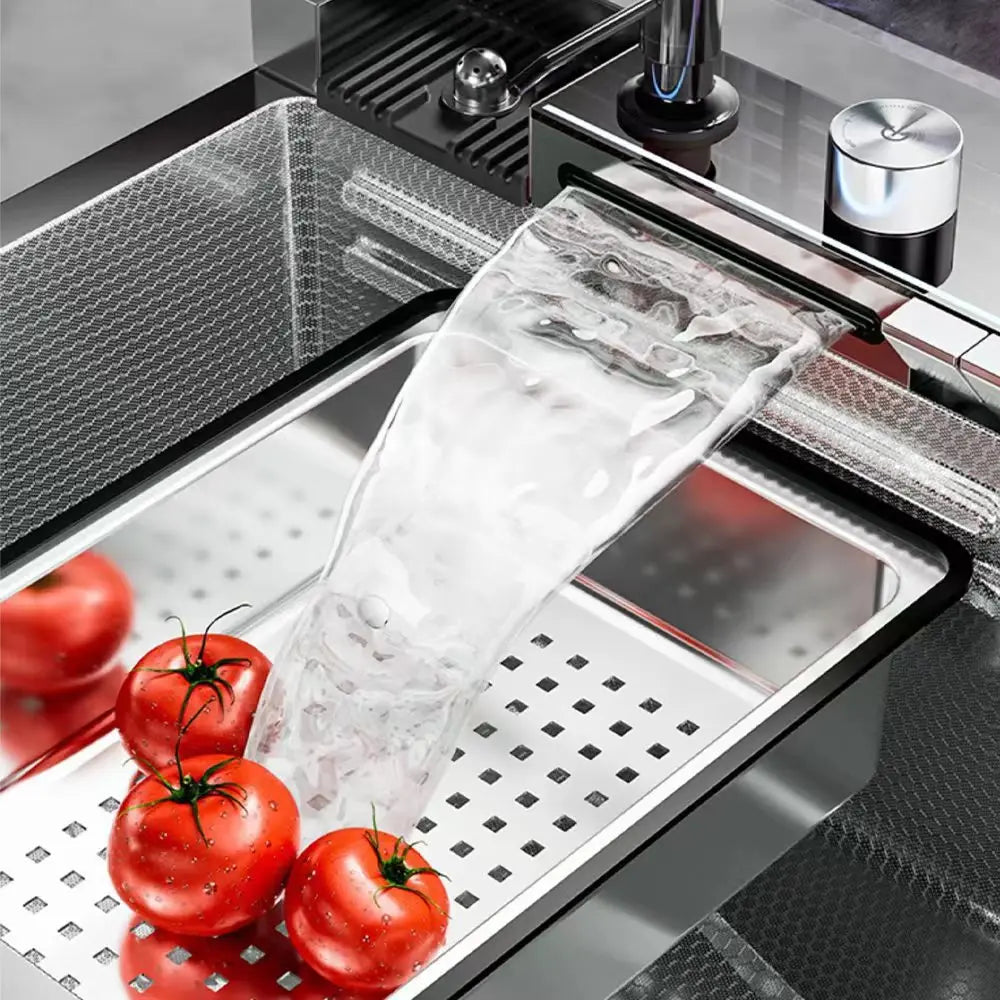 Silver Waterfalls Stainless Steel Kitchen Sink Multifunction Intelligent Digital Display Temperature Household Large Single Slot