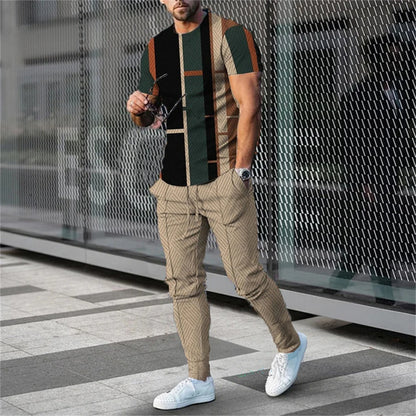 Men's T-Shirt Tracksuit 2 Piece Set Short Sleeve Sportswear Suits Fashion Men's Clothing Trousers Casual O-Neck Tops Pants Suits.