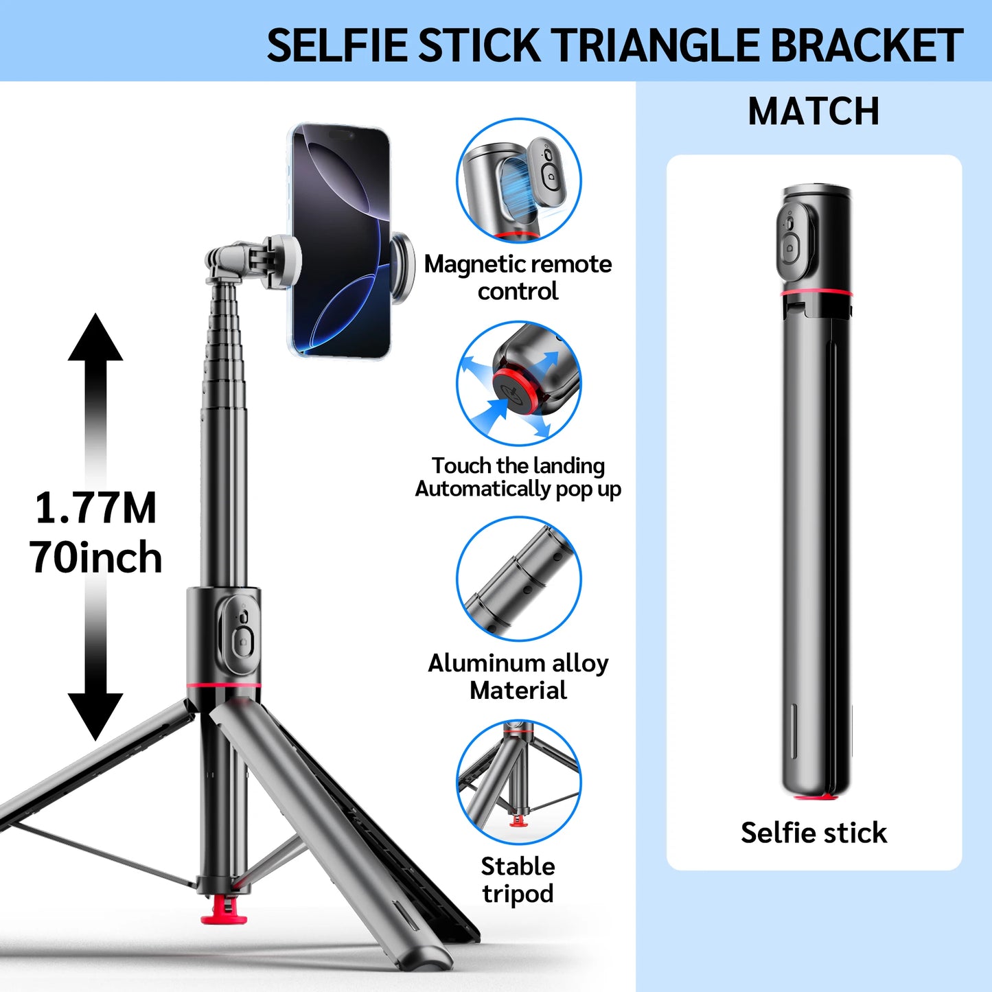 TT01 1770mm All-in-one Auto Pop Open Tripod Bluetooth Remote Tripod Bounce Selfie Stick Phone Holder for Vlog/Video
