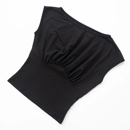 CUTENOVA Solid Color One Shoulder Slant Neck Waist Shrinking Pleated Tank Top Women'S Summer New Casual Simple Fashion Tank Top.