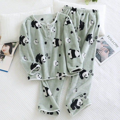 2025 New Winter Women's Pajama Set with Thickened Fleece and Flannel Warm Head Cartoon Comfortable Home Clothing Set Pijama