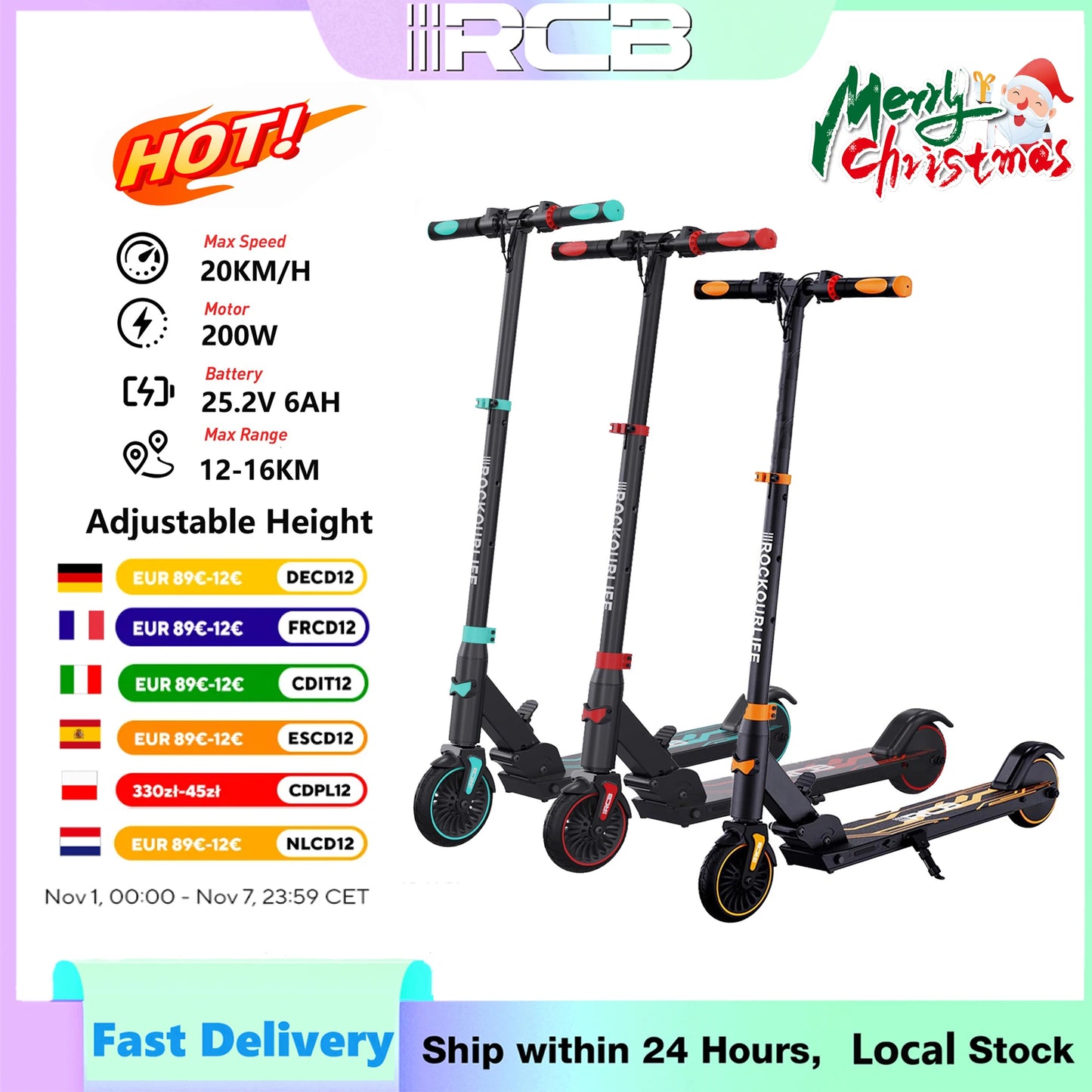 RCB Electric Scooter for Kids Ages 6-8-12, R15 Kids Electric Scooter, 20 KM/H Top Speed, 16KM Range, 3 Heights Adjustable, Gifts.
