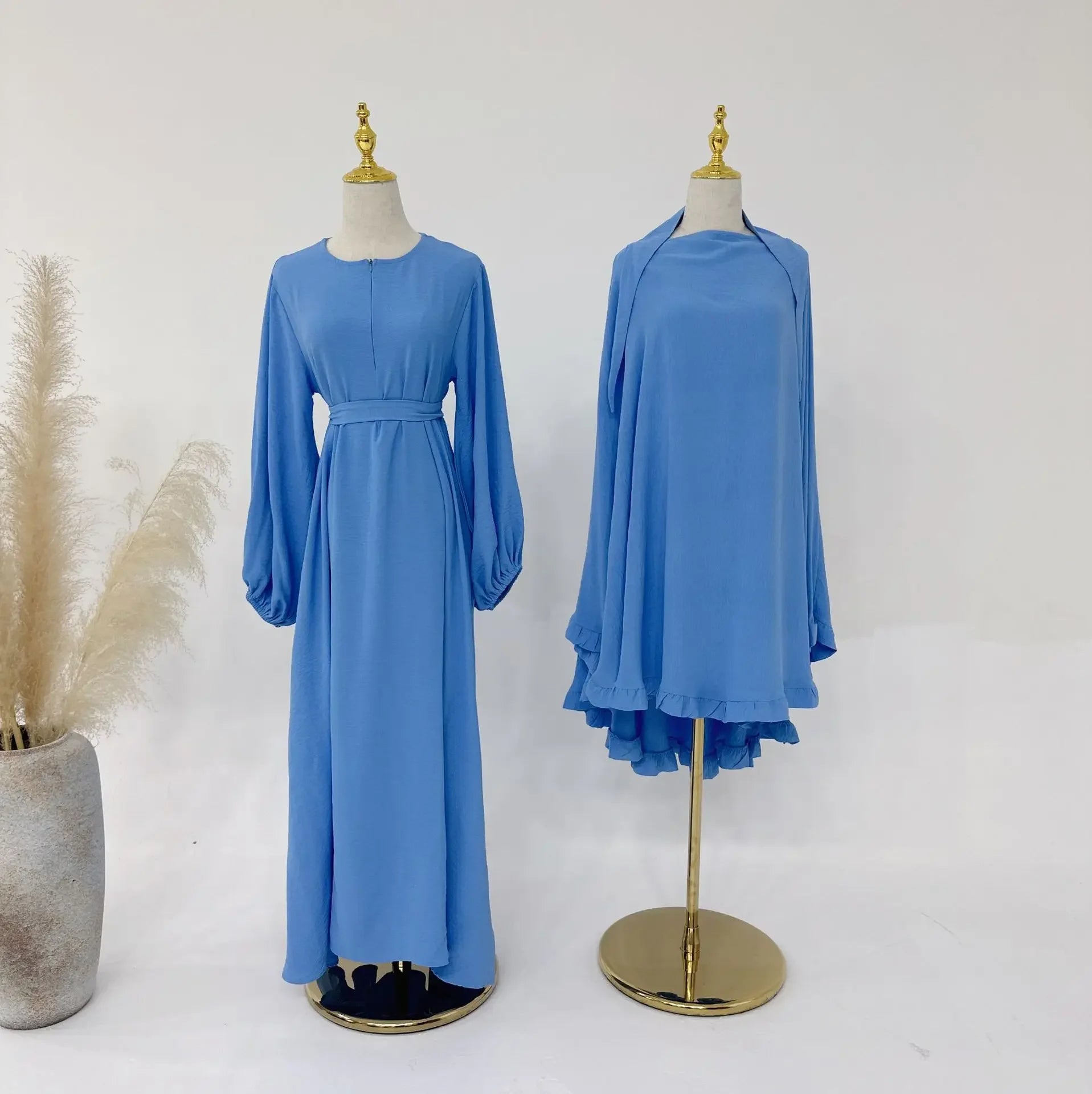 Muslim Woman Abaya with Khimar 2 Piece Set Crinkled Fabric Ruffles Hijab with Irregular Prayer Dress Islam Dubai Turkey Ramadan.