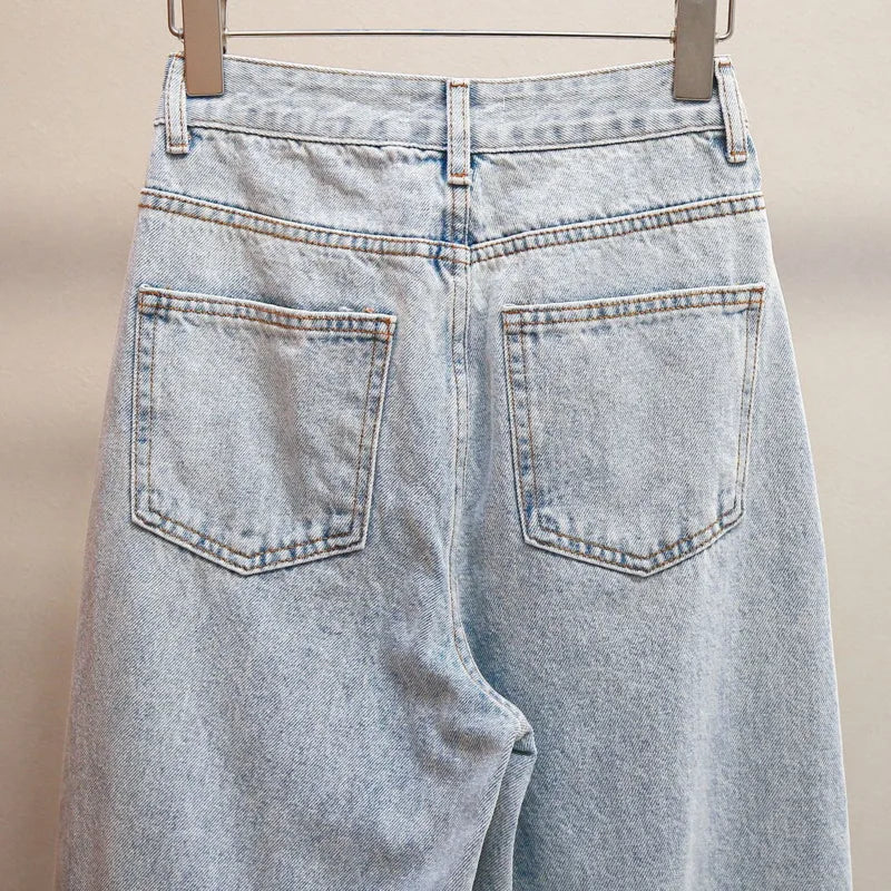 ANJY Autumn Winter Women Fashion Casual Versatile Washed Tide Diamonds Straight Jeans Trend Design Sense High Waist Pants A10636.