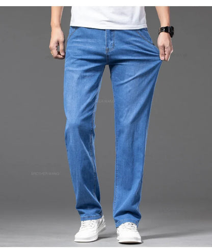 Sommer Dünne männer Gerade Jeans Klassische Schwarz Blau Stretch Casual Business Baggy Denim Hosen Männliche Marke Hosen.