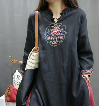Damen-Bluse im Vintage-Stil aus Baumwolle und Leinen, mittellang, siebte Ärmel, Stickerei, ethnischer Rock mit lockerer Passform, chinesischer Stil
