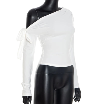 CUTENOVA Fall New Arrival Women Gathered One-Shoulder Twisted Tie-Front Asymmetrical Long-Sleeve T-Shirt Simple Casual Sweet Top.