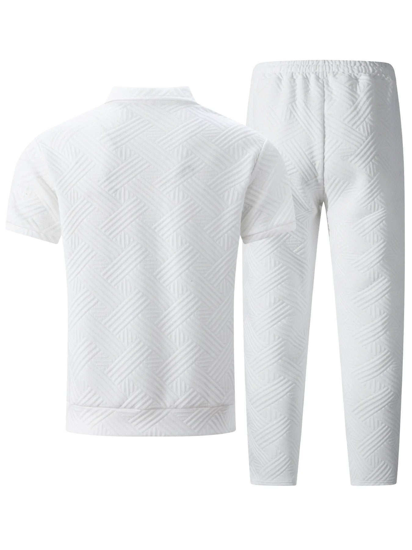 2025 Men's Casual and Fashionable short-sleeved jacket and shirt with solid-colored drawstring trousers two-piece set.