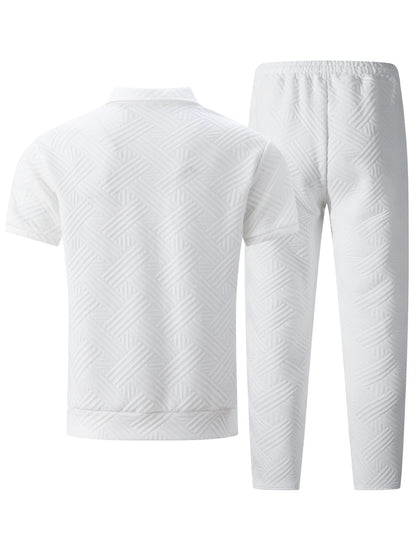 2025 Men's Casual and Fashionable short-sleeved jacket and shirt with solid-colored drawstring trousers two-piece set.