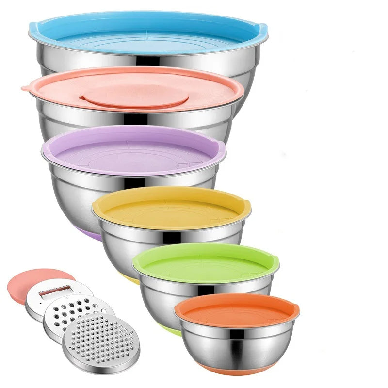 Stainless Steel Mixing Bowl Set with Lid Grinder Storage Multifunctional Kitchen Tool Set.