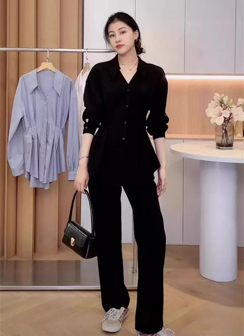 Waist Cinched Slimming Long Sleeve Shirts Women Spring Autumn All-Match Single Breasted Chic Shirt New Temperament Solid Tops.