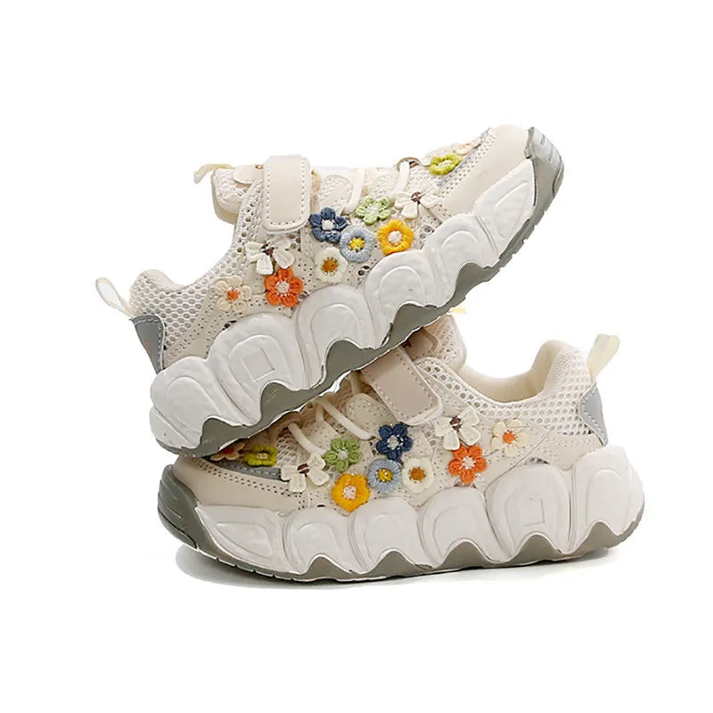 Girls Flowers Sports Shoes Children Princess Embroidered Running Shoes Air Mesh Girls Casual Sneakers Summer 2025 New.