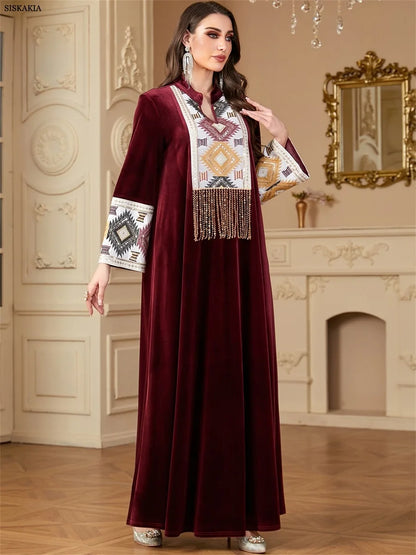 Siskakia Ramadan Muslim Notched Stand Collar Tassel Long Dresses For Women  Loose Elegant Kebaya Patchwork Sleeve Abayas.